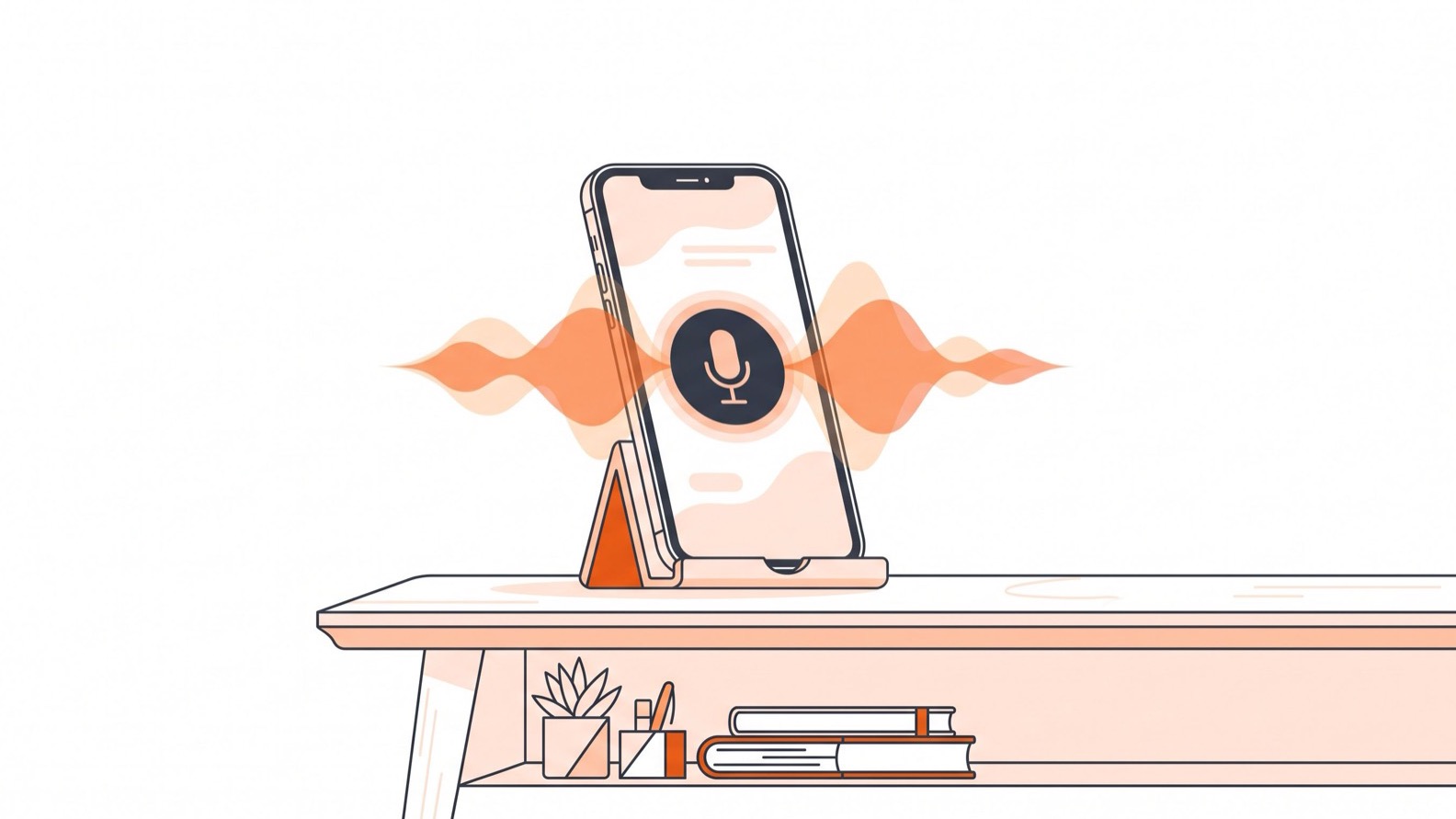 Mesa de estudo com um celular apoiado em um suporte mostrando uma interface de conversa por voz, com ícone de microfone e ondas sonoras fluindo nas duas direções