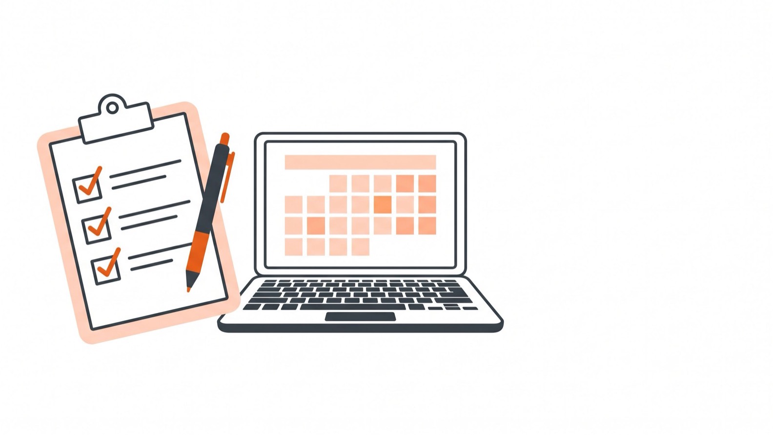 Prancheta com checklist de preparação ao lado de um notebook aberto mostrando um calendário