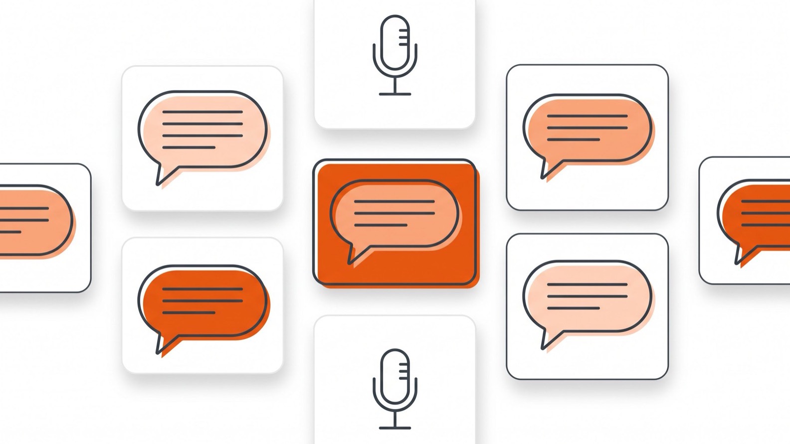 Interface de conversa ilustrada como cartões flutuantes, alternando balões de texto e ícones de microfone