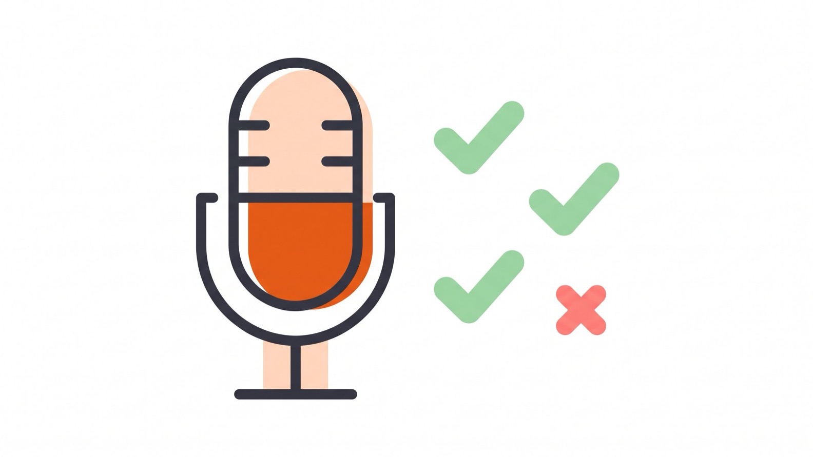 Microfone grande com três marcas de verificação verdes e uma pequena cruz vermelha ao lado, representando o feedback palavra por palavra