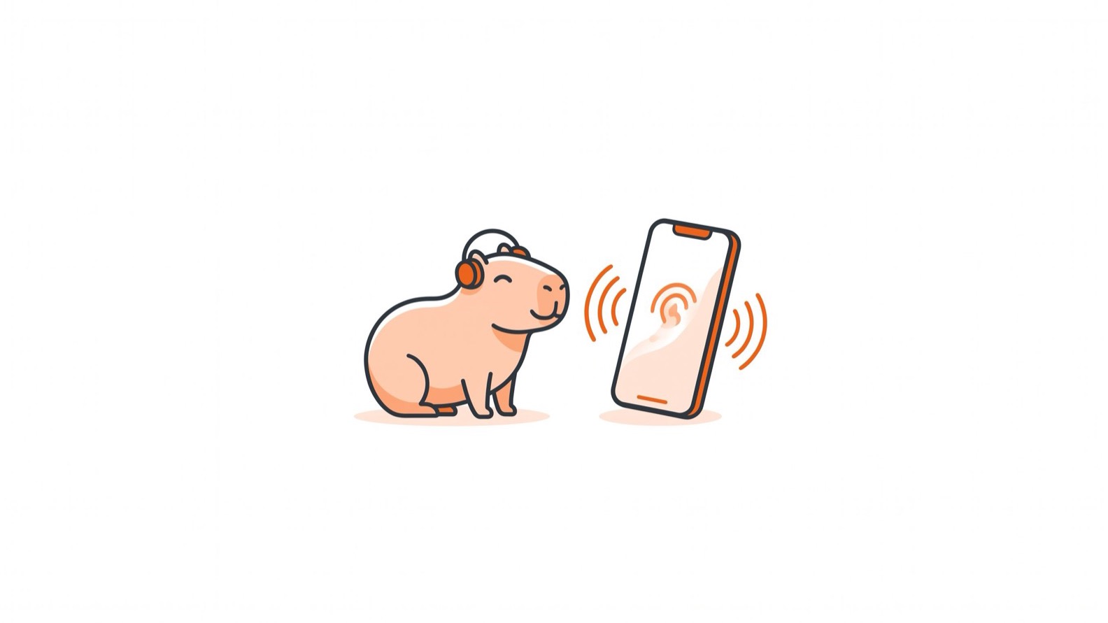 Capivara pequena e simpática usando fones de ouvido minúsculos ao lado de um celular com ondas sonoras na tela